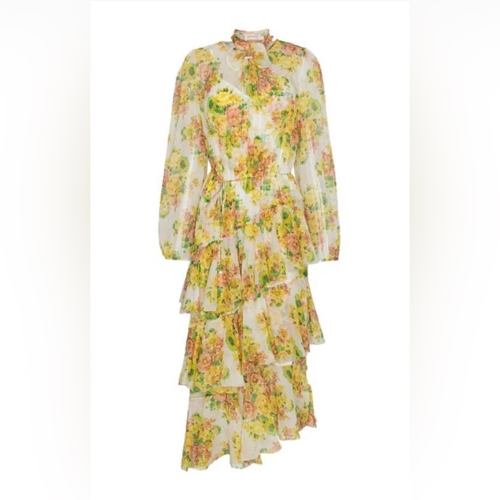ZIMMERMANN Yellow Floral Ruffle Silk Dress & Matching Printed Slip 2 $695